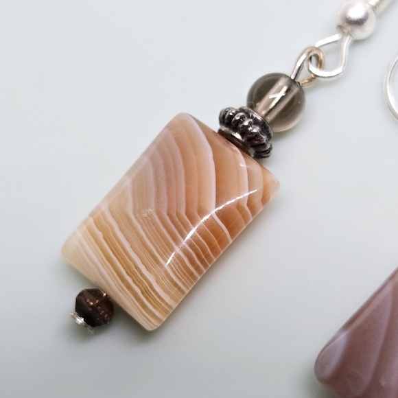 Vintage Gemstone Pink To Tan Nature Stones Earrings In Silver 925 Hooks - Picture 6 of 17